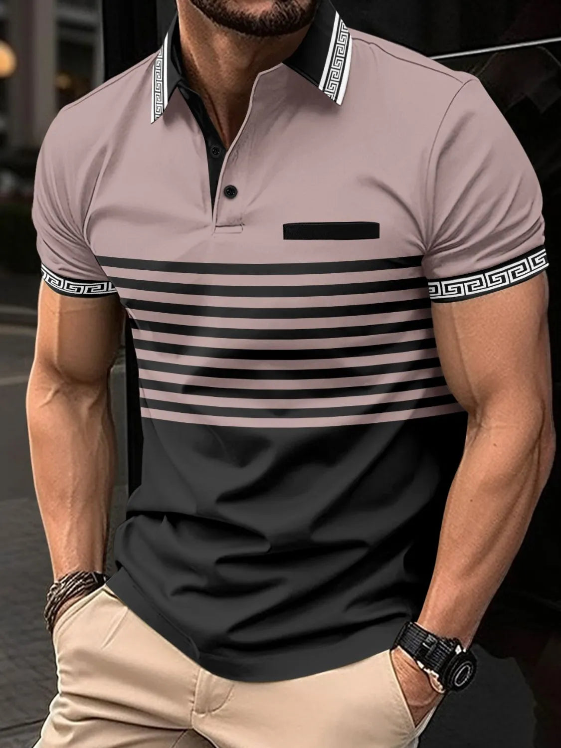 Men's Full Size Striped Collared Neck Short Sleeve Polo Plus Size