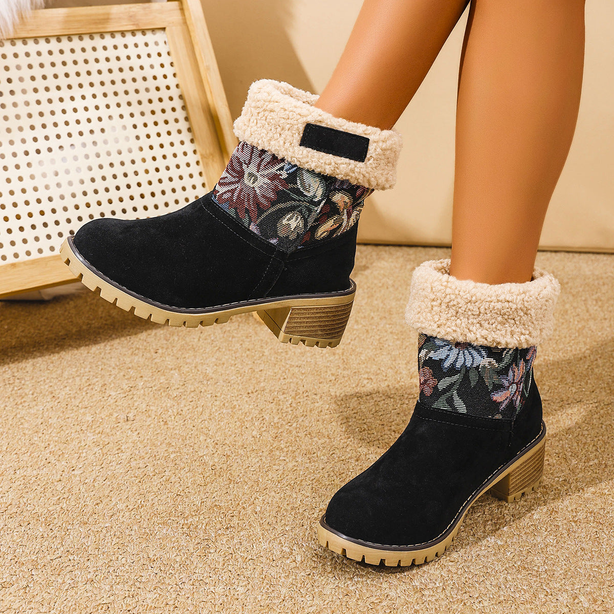 Embroidered Faux Fur Block Heel Boots