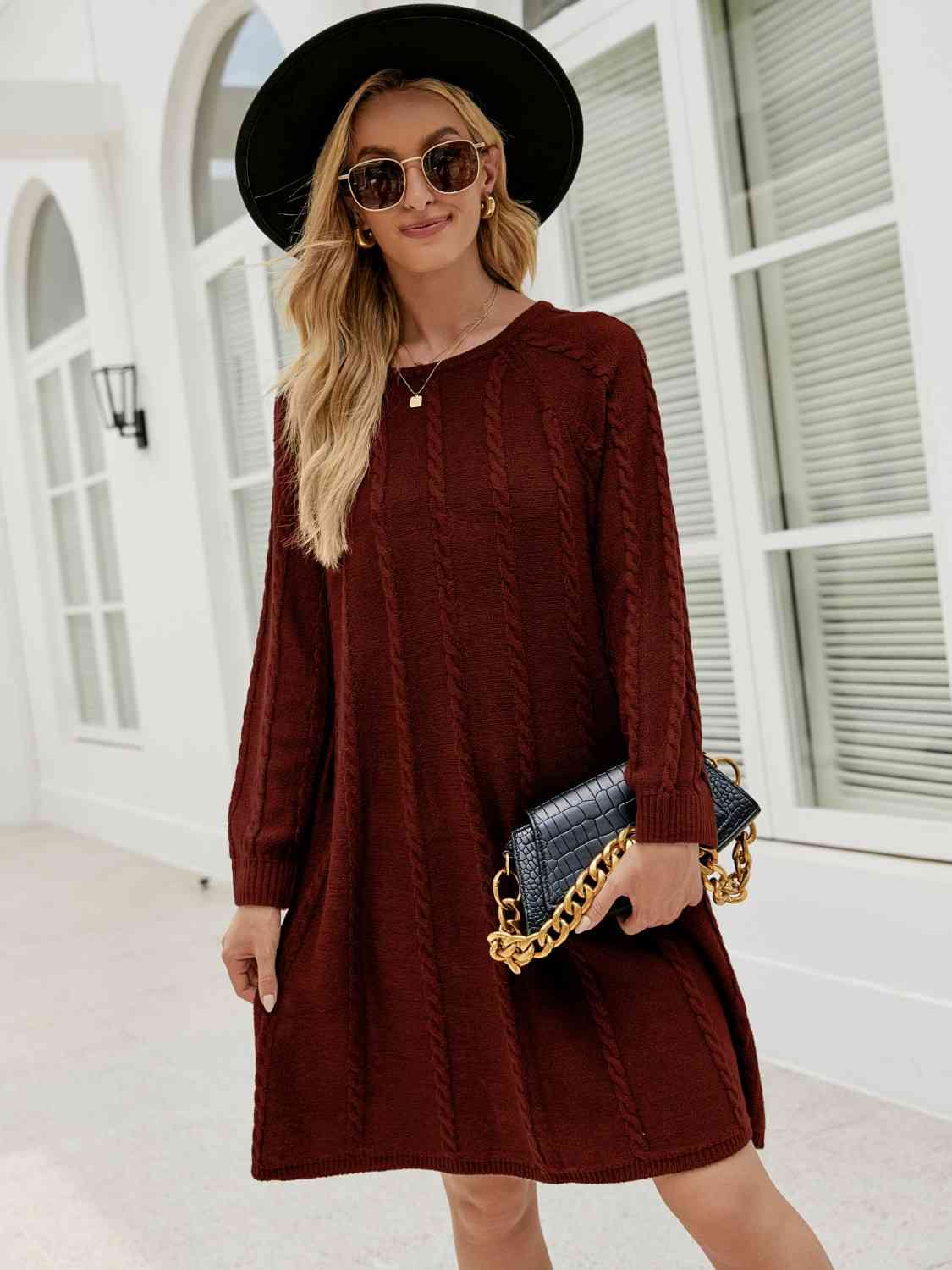 Cable-Knit Long Sleeve Sweater Dress Front View