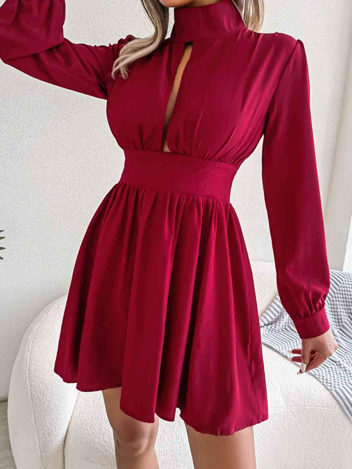 Cutout Turtleneck A-Line Mini Dress Front Angle