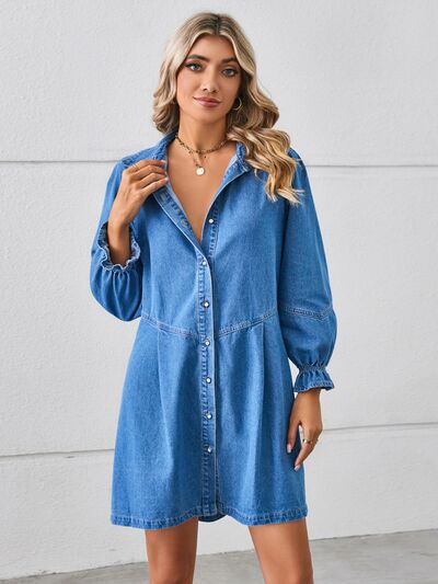 Button Up Flounce Sleeve Mini Denim Dress Front View