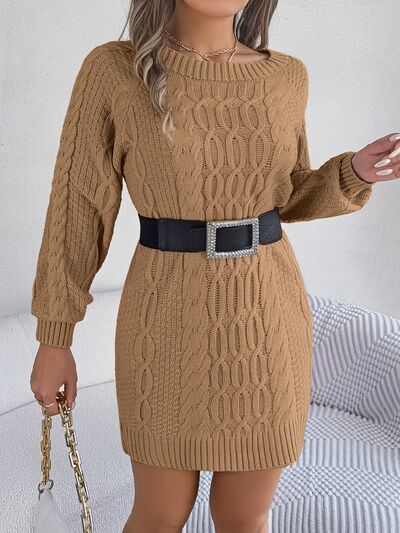 Cable-Knit Round Neck Sweater Dress Side Angle