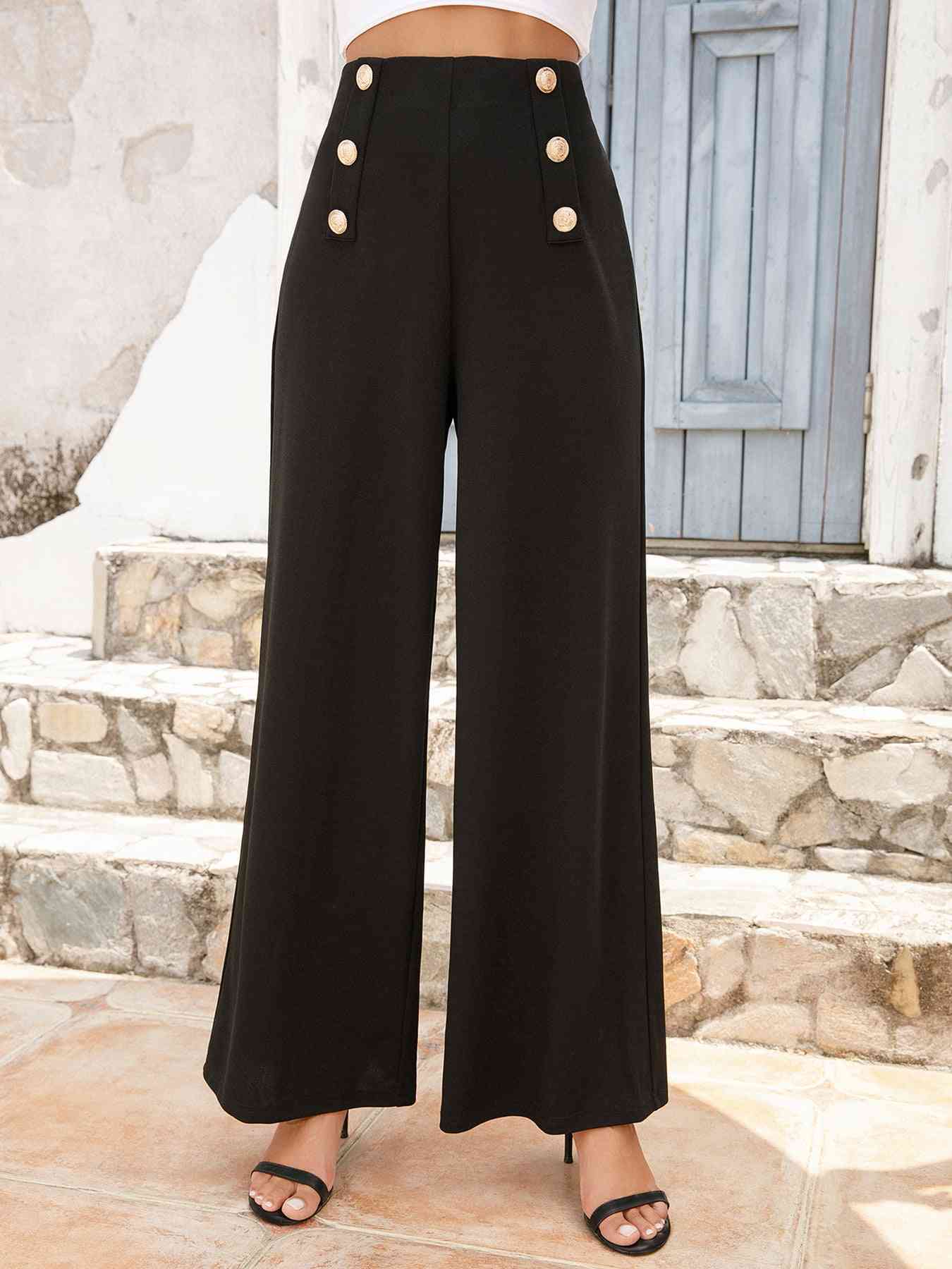 Buttoned High Waist Relax Fit Long Pants