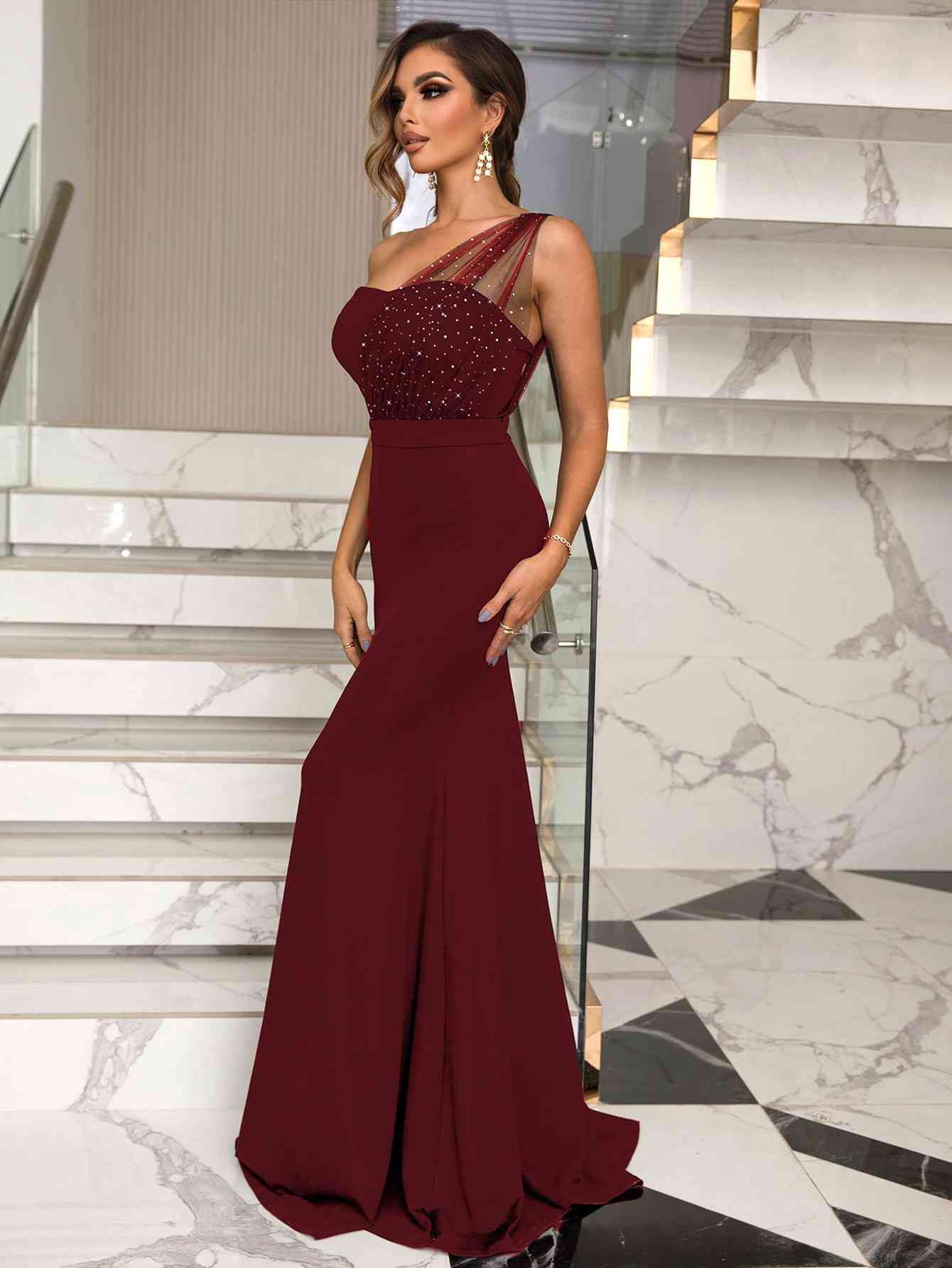 Rhinestone One-Shoulder Formal Dress Side