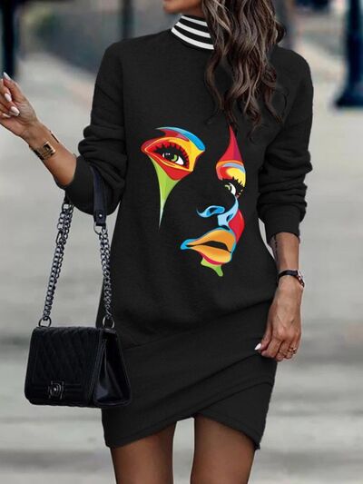 Printed Turtleneck Long Sleeve Mini Dress Front