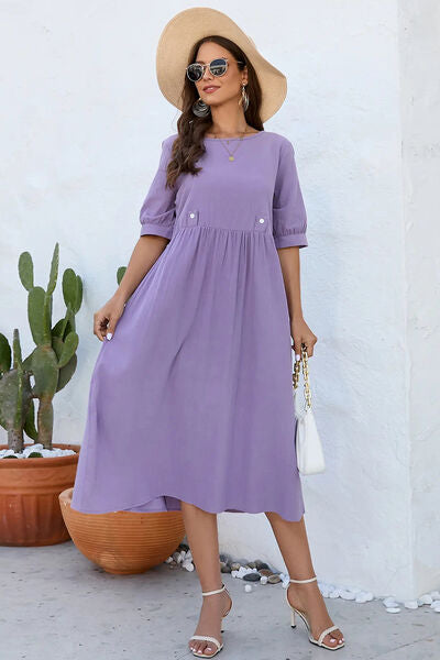 Decorative Button Round Neck Half Sleeve Dress Front