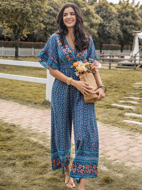 Floral Surplice Flutter Sleeve Jumpsuit