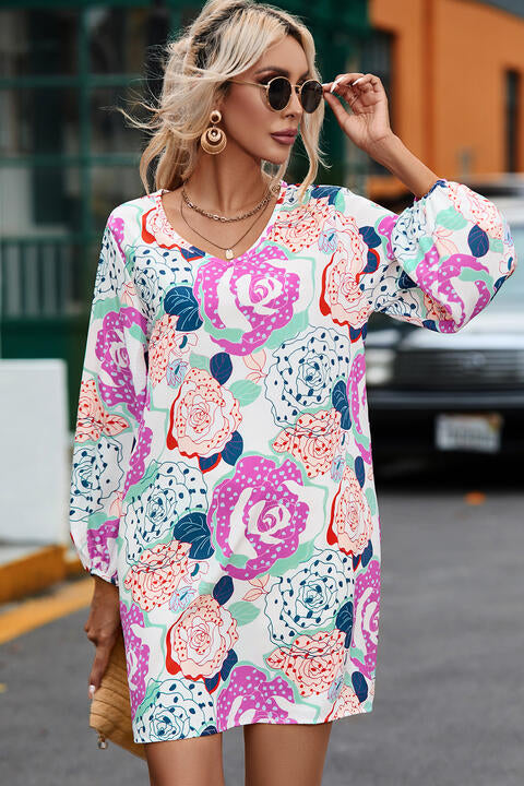 Floral V-Neck Long Sleeve Dress Front