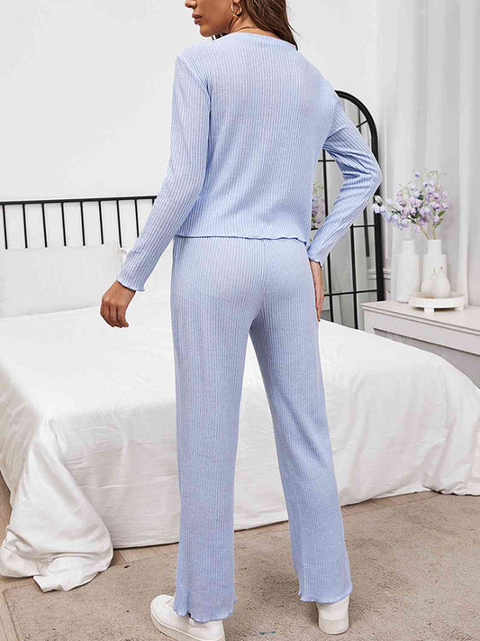 Round Neck Long Sleeve Top and Drawstring Pants Lounge Set