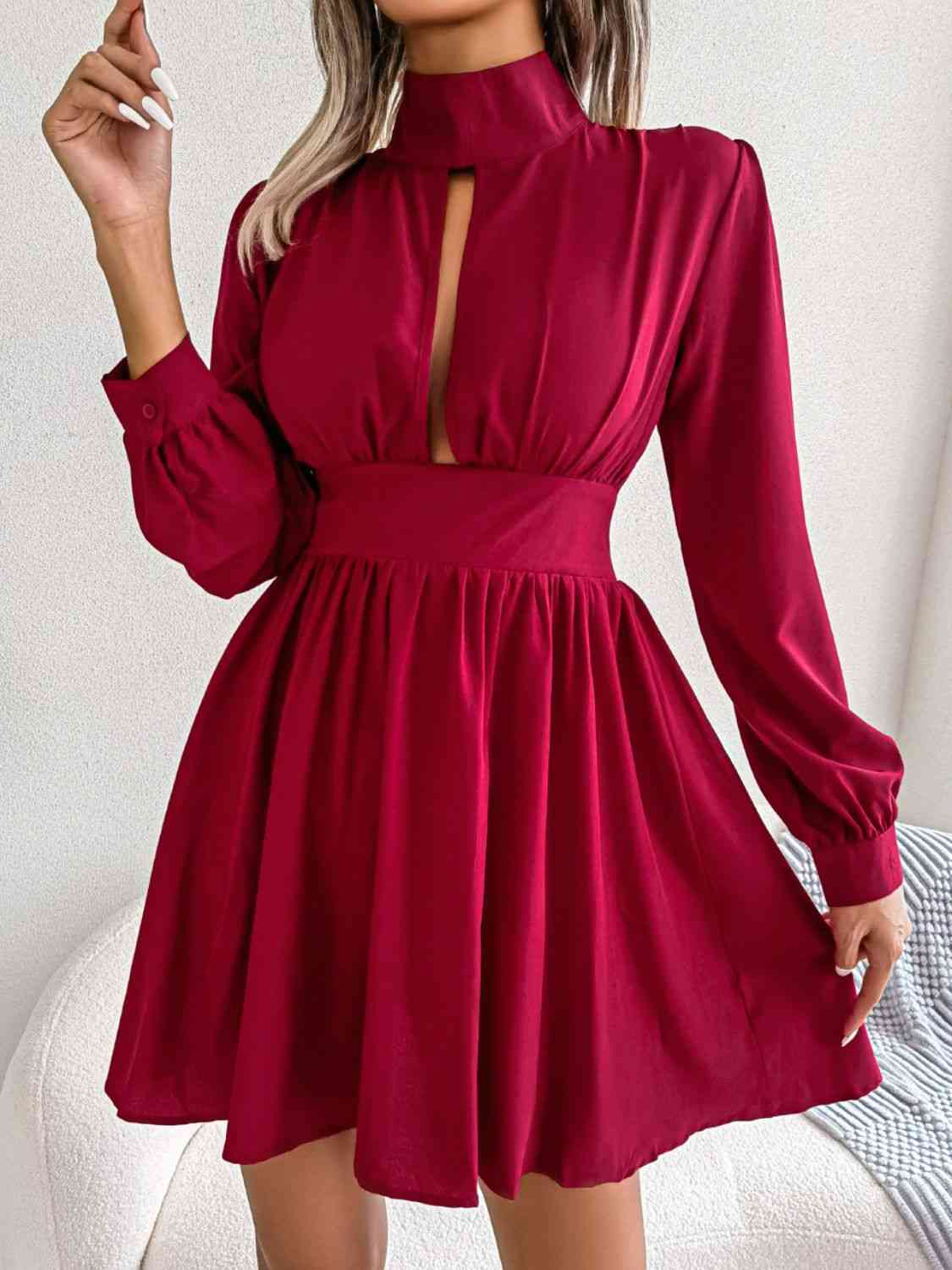 Cutout Turtleneck A-Line Mini Dress Front