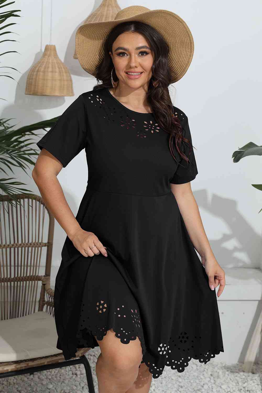 Plus Size Round Neck Openwork  Dress 