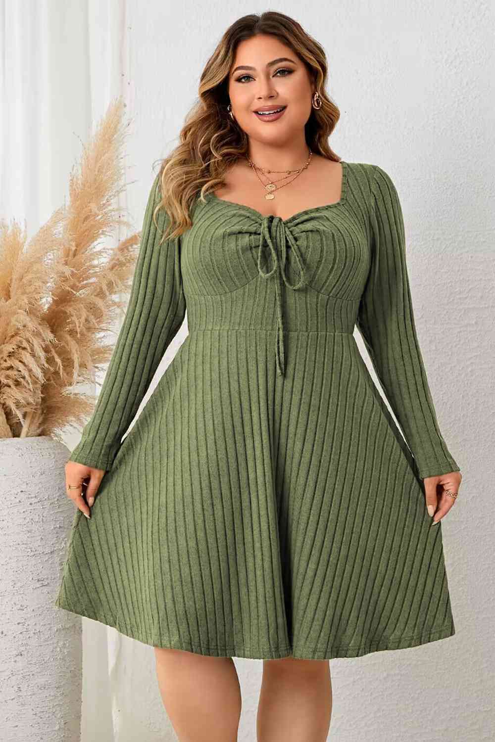 Plus Size Sweetheart Neck Long Sleeve Ribbed Dress Front