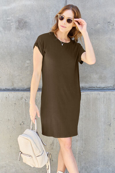 Basic Bae Full Size Round Neck Short Sleeve Dress with Pockets Front Angle