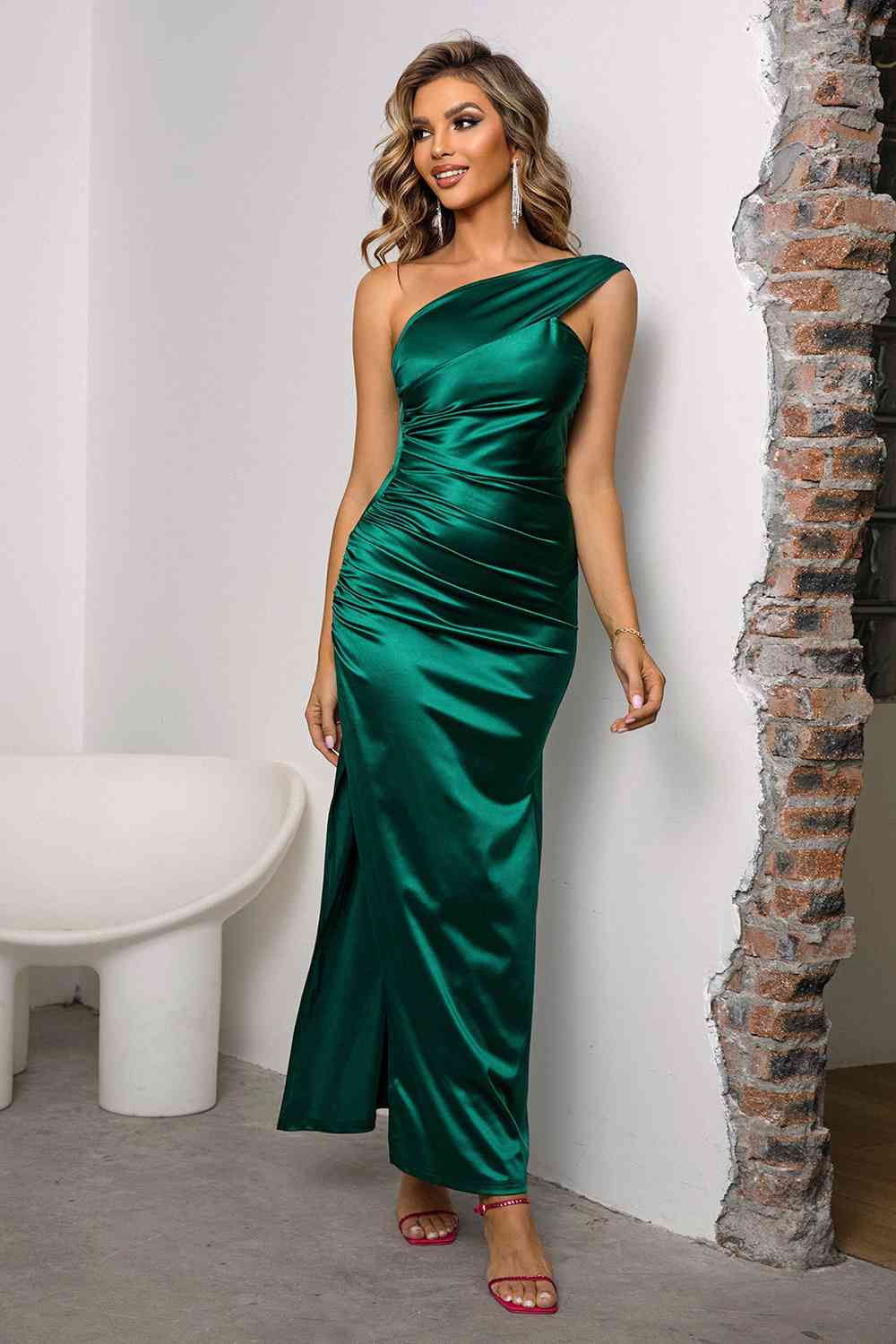 One-Shoulder Ruched Slit Maxi Dress Front