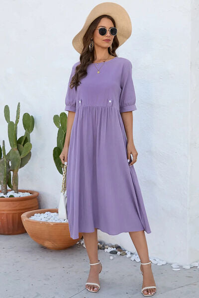 Decorative Button Round Neck Half Sleeve Dress Front angle