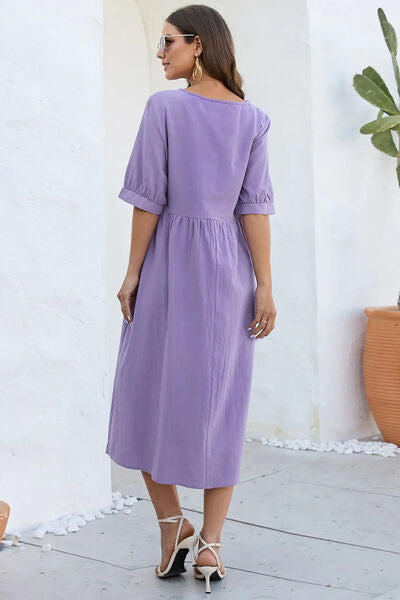 Decorative Button Round Neck Half Sleeve Dress Back