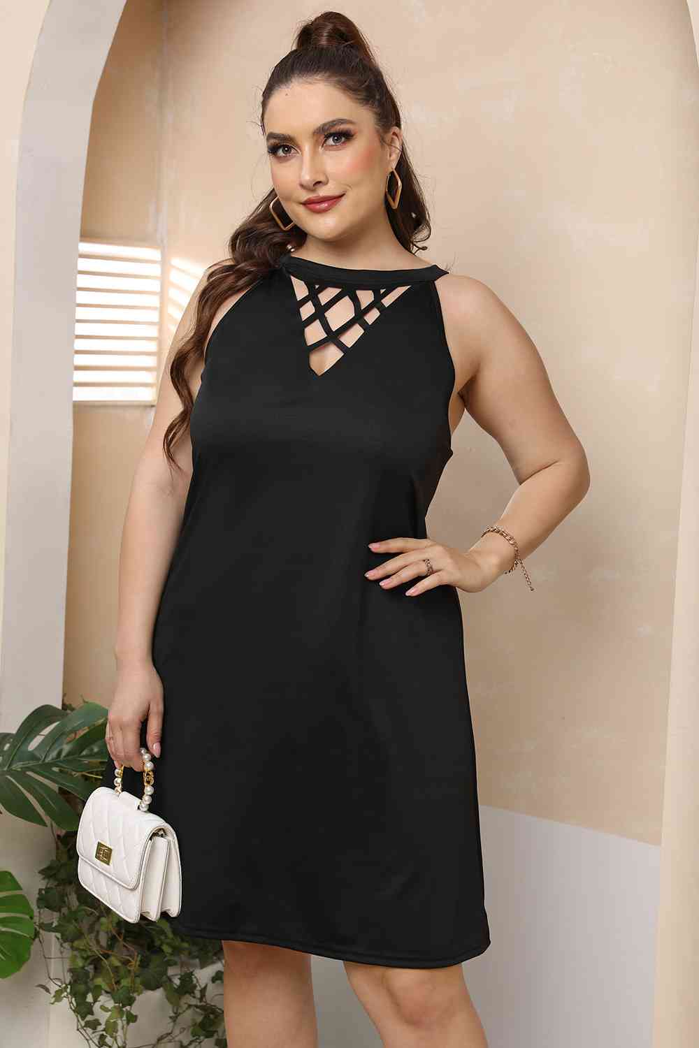 Plus Size Cutout Round Neck Sleeveless Dress Front