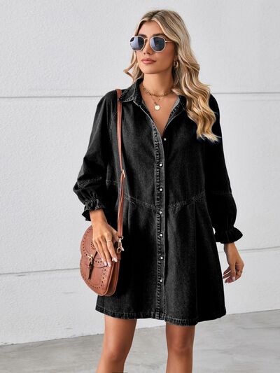 Button Up Flounce Sleeve Mini Denim Dress Front