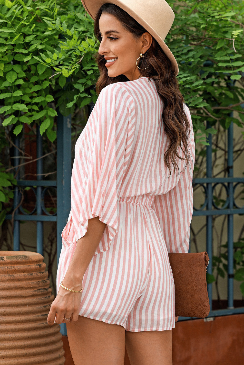 Striped Tie Front Three-Quarter Sleeve Romper