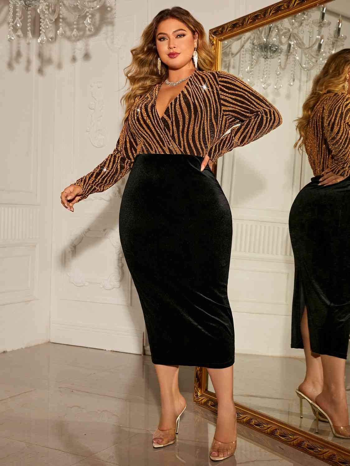 Plus Size Surplice Neck Long Sleeve Slit Dress Front