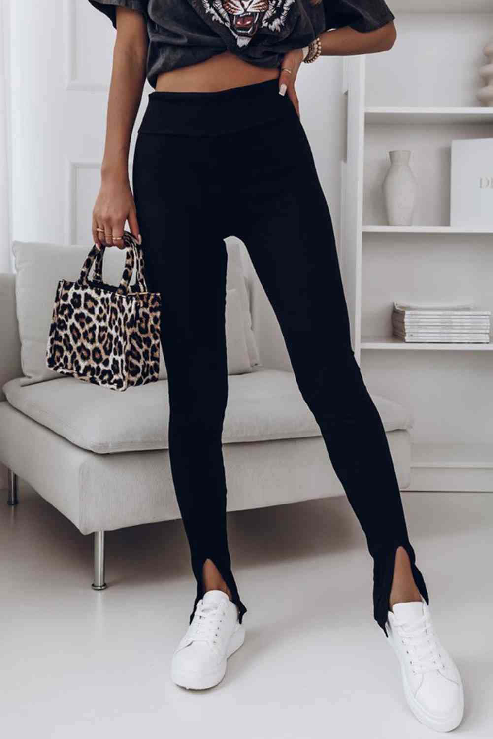 High Waist Ribbed Slit Leggings