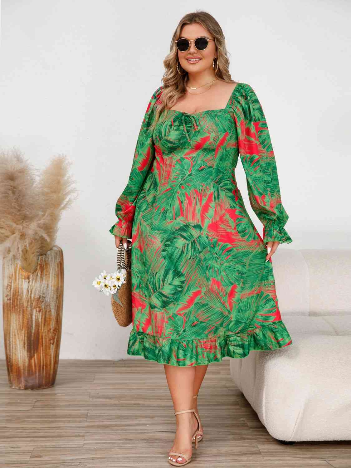 Plus Size Ruffled Square Neck Flounce Sleeve Dress Front