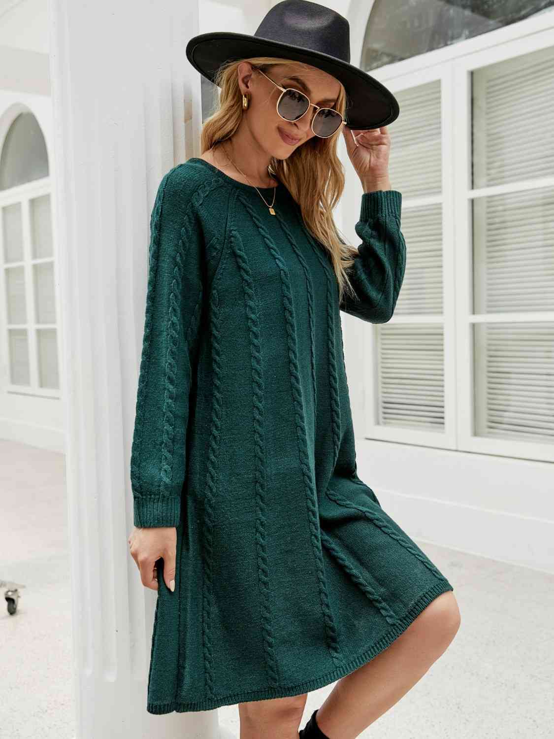 Cable-Knit Long Sleeve Sweater Dress Side