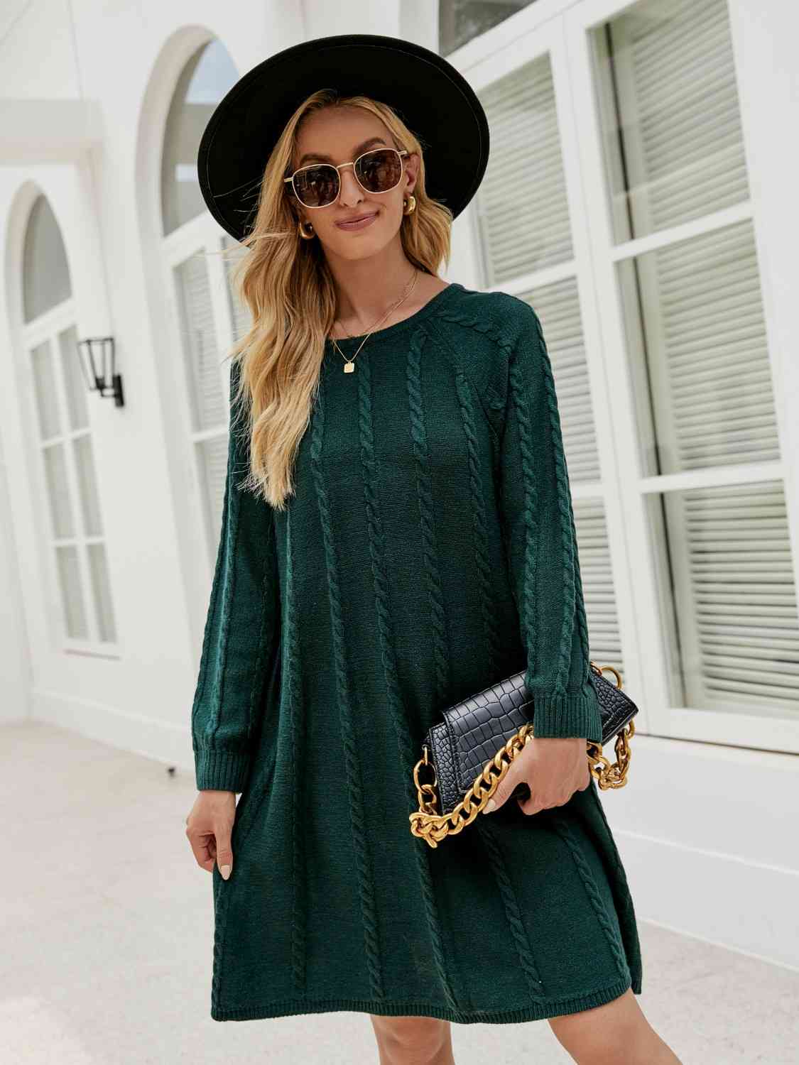 Cable-Knit Long Sleeve Sweater Dress Front