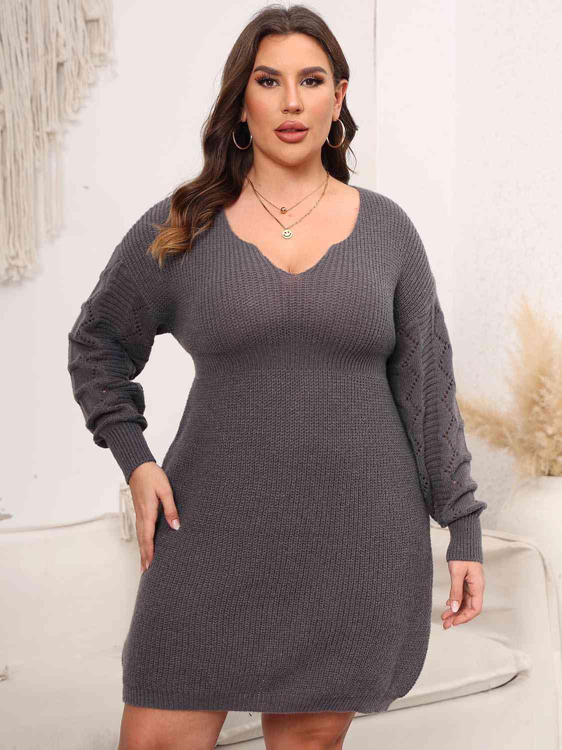 Plus Size Dropped Shoulder Long Sleeve Knit Mini Dress Front